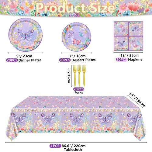 81 Pieces Butterfly Birthday Decorations - Purple Butterfly Party Decorations Butterfly Plates, Napkins and Flower Butterfly Tablecloth for Fairy Butterfly Birthday Party Supplies, Serve 20