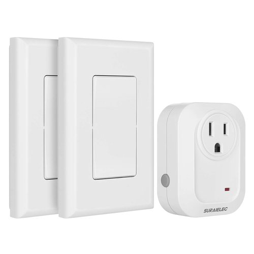 SURAIELEC Wireless Wall Switch Remote Control Outlet, No Wiring, 100ft RF Range, Pre-Programmed, Expandable Wireless Light Switches for Plug in Pendant Light, Lamp (2 Wall Switches and 1 Receiver)