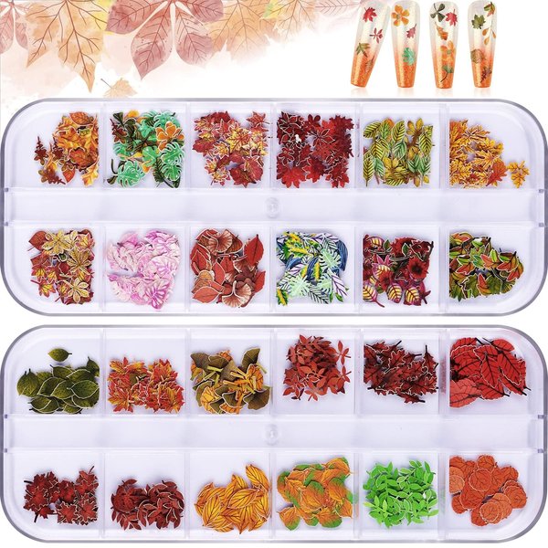 Kalolary 2 Boxes Maple Leaves Nail Art Sequins, 3D Fall Leaves Stickers for Acrylic Nails, Maple Leaves Wood Pulp Glitter Flakes for Autumn Nail Art Decorations