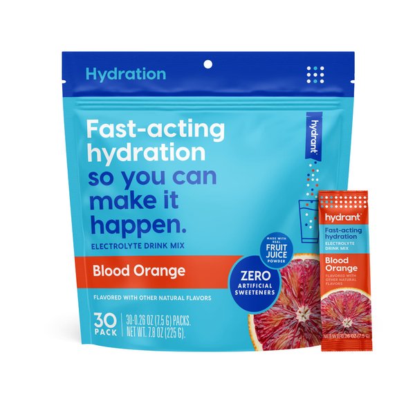 HYDRANT Hydrate, Individual Hydration Electrolyte Powder Stick Packets with No Artificial Sweeteners, Colors, or Fillers (Blood Orange, 30 Pack)