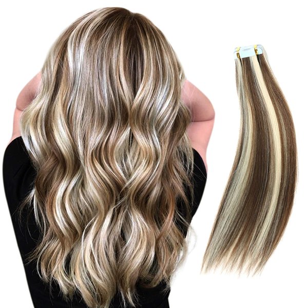 RINBOOOL Tape in Hair Extensions Human Hair 12 Inch 30 Gram, Platinum Blonde Highlighted Medium Brown 2 Tone Piano Color P6/60