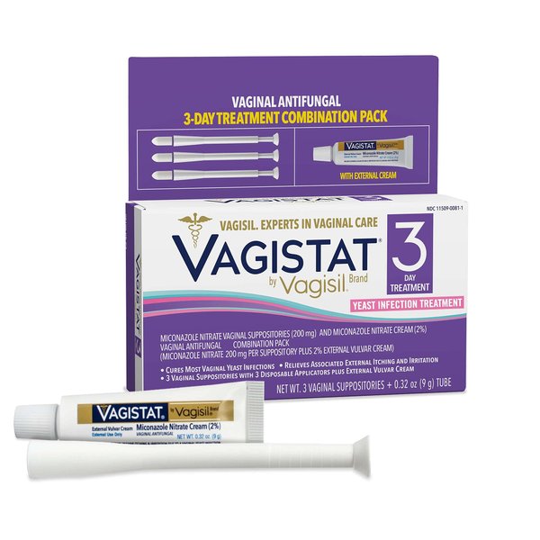 Vagistat 3 Day Yeast Infection Treatment for Women, Relieves External Itching and Irritation - 2% External Miconazole Nitrate Cream, 3 Disposable Suppositories & Applicators, by Vagisil (Pack of 1)