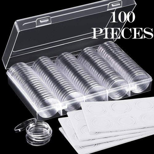 100 Pieces 30 mm Coin Capsules and 5 Sizes (17/ 20/ 25/ 27/ 30 mm) Protect Gasket Coin Holder Case with Storage Organizer Box for Coin Collection Supplies (White)