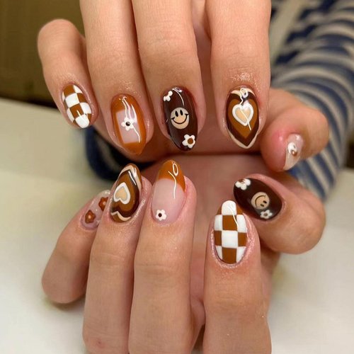 Short Press on Nails Cute Face Fake Nails Winter Brown Oval Glue on Nails Glossy Coffee with Checkerboard Flower Heart Design Short Nails Full Cover French Tip False Nails for Women Girls