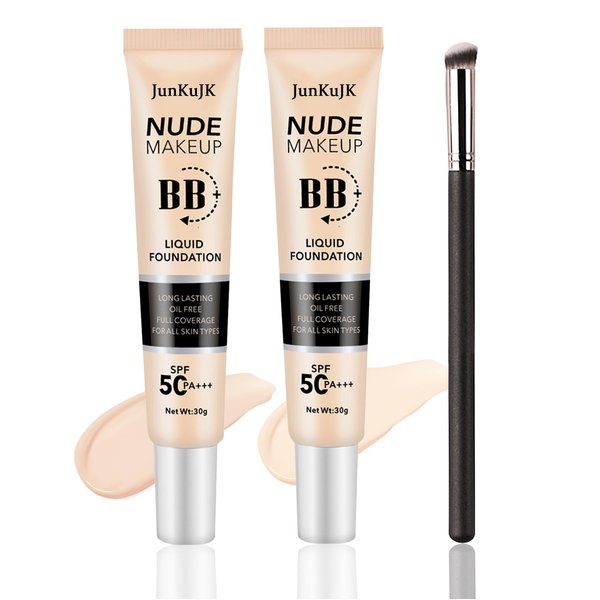 2PCS Hydrating BB Cream,Full Coverage Concealer Liquid Foundation for All Skin Types,Face Sunscreen SPF 50 PA++++ Long Lasting Moisturizing Oil Control Foundation Makeup Brush Set（Ivory & Natural）