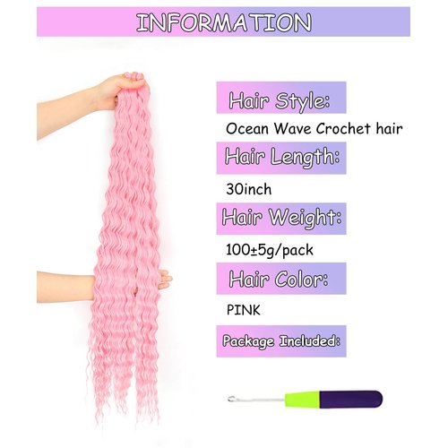 Cypsin Pink Curly Crochet Hair 30Inch 2 Packs Deep Wave Crochet Hair with Crochet Hook, Long Ocean Wave Braiding Hair for Women, Synthetic Hair Curly Braiding Hair Extensions