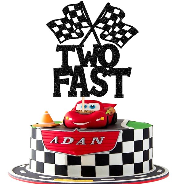 1 PCS Two Fast Birthday Cake Topper Black Glitter Checkered Flag Racing Car 2nd Birthday Cake Pick for Let's Go Racing Theme Boys Girls Kids Second Birthday Party Cake Decorations Supplies