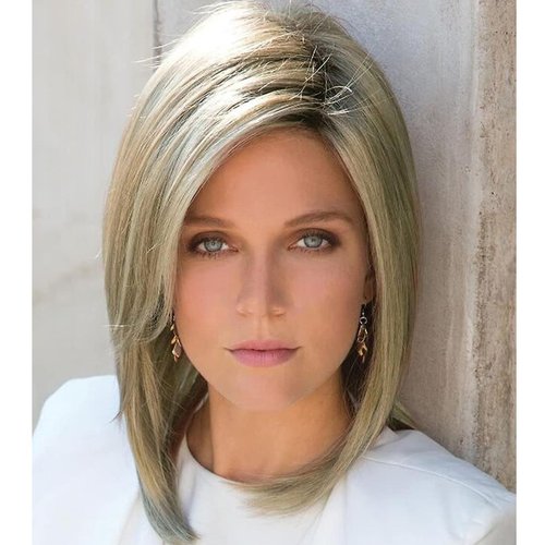 SCENTW Straight Blonde Bob Wigs for White Women Medium Length Ombre Brown Wig with Bangs Synthetic Blonde Wig with Dark Roots Natural Looking Daily Party Use