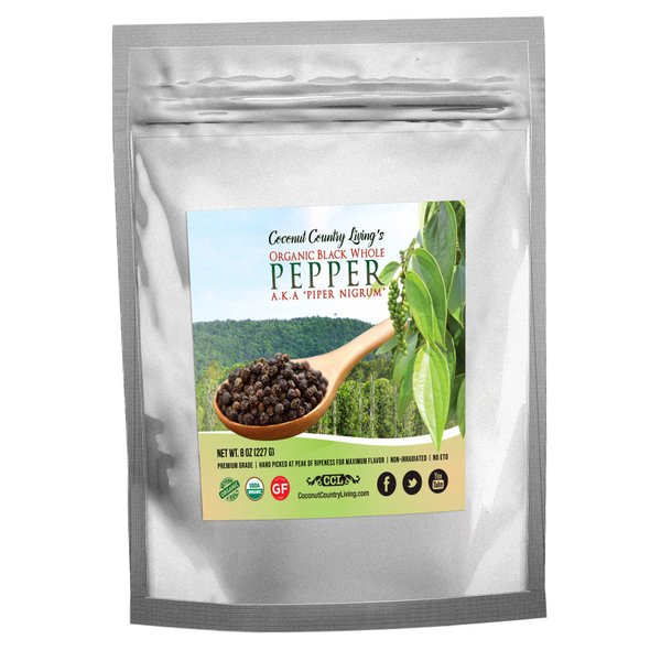 Coconut Country Living's organic Whole Black Peppercorns - Fair Trade Premium Peppercorns for Grinder Refill - No Contact w/Gluten, Soy, Peanuts, GMO, etc - Complimentary eBook - 8 oz