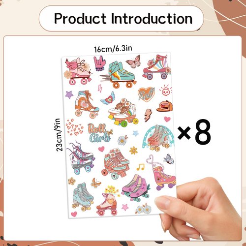 Gameza Roller Skate Temporary Tattoos - 200+ Roller Skating Party Favors Decorations Boho Groovy Roller Skate Birthday Party Gifts Favors Retro 70s Roller Skate Roll Girls Temporary Tattoos Stickers