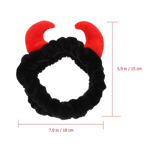 LALAFINA 2Pcs Facial Spa Headbands, Plush Devil Hair Band Face Wash Headband Soft Elastic Makeup Hairbands for Shower Face Washing (Black, Red)
