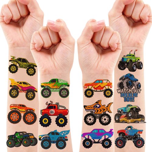8 Sheets (97PCS) Monster Truck Temporary Tattoos Themed Birthday Party Decorations Favors Supplies Decor Stickers For Kids Boys Girls Gifts Classroom School Prizes Rewards