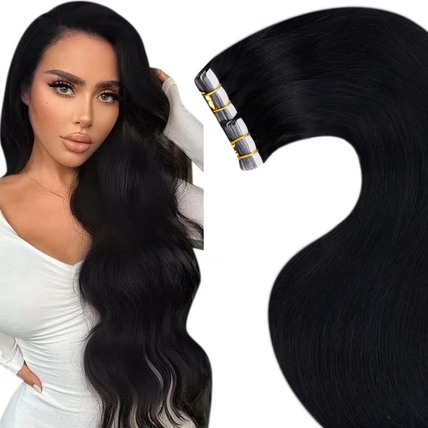 LaaVoo Tape in Hair Extensions Human Hair Black Hair Extensions Tape ins 22inch Double Side Jet Black Tape in Hair Extensions Real Human Hair Black Women 20pcs 50g