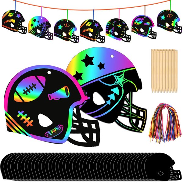 64 Pcs Football Scratch Paper Football Helmet Scratch Cards Ornaments with Wooden Stylus and Ribbons Color Your Own Football for DIY Crafts Painting Football Classroom Party Supplies