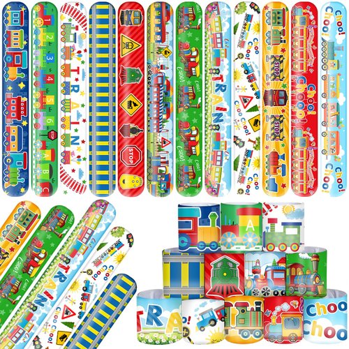 48 PCS Train Slap Bracelets Party Favors Train Wristbands Bracelets Goodie Bag Fillers for Train Birthday Decorations Supplies for Class Reward Prizes Gift for Kids Party Favors Birthday Gifts