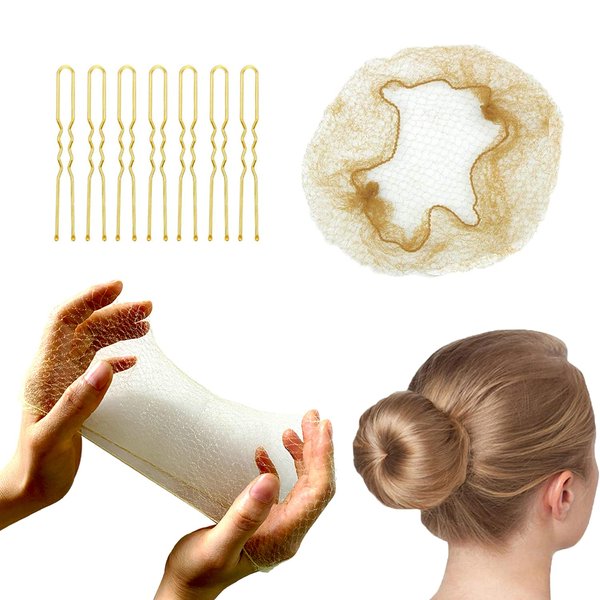 Invisible Hair Nets and U Shaped Hair Pins Set/Hair Bun Shaper Set with 50Pcs Elastic Edge Mesh Hair Nets and 10Pcs Positioning U Shaped Hair Pins for Women Hair Bun(Blonde)