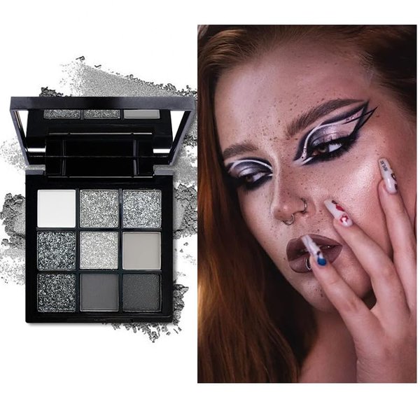 VERONNI Black Smokey Gray Silver Glitter Eyeshadow Palette, 9 Colors Matte&Shimmer&Glitter Eyeshadow Makeup, Long Lasting Blendable Neutral Eye Look, Highly Pigmented Eye Shadow Powder