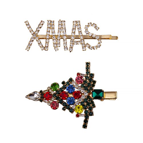 LUX ACCESSORIES Rhinestone XMAS Bobby Pin and Colorful Jeweled Tree Hair Clip 2 pc set