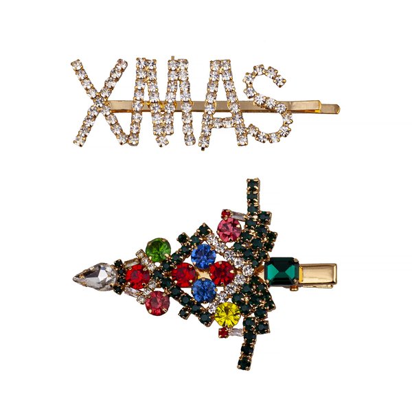 LUX ACCESSORIES Rhinestone XMAS Bobby Pin and Colorful Jeweled Tree Hair Clip 2 pc set