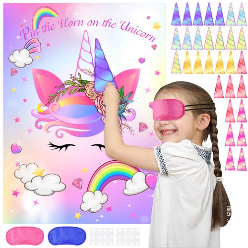 ASTARON Pin The Horn on The Unicorn Game for Kids Birthday Party, Unicorn Party Game with 30 pcs Horn Stickers Birthday Party Supplies for Wall Home Room Decorations