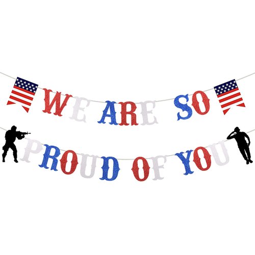 We Are So Proud of You Patriotic Soldier Banner Red White Blue Glitter 4th of July Veterans Day Memorial Day Deployment Returning Back Military Army Retirement Party Decorations Banner