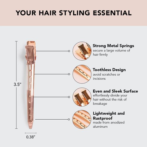 Kitsch Duck Billed Hair Clips for Styling and Sectioning - Metal Alligator Clips for Women | Hair Roller & Makeup Sectioning Clips, 6pcs (Rose Gold)