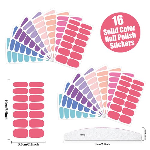 XEAOHESY 224 Pieces 16 Sheets Solid Macaron Color Nail Polish Strips with Nail File Self-Adhesive Nail Stickers Full Nail Wraps Nail Strips Nail Polish Stickers for Women Nails Art