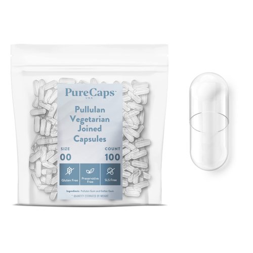 PureCaps USA - Empty Vegetarian Vegan Pullulan Pill Capsules Size 00, 100 Empty Joined Pullulan Pills, Clear, Non-GMO Certified, SLS Free, Gluten Free, Preservative Free Pill Capsules Empty