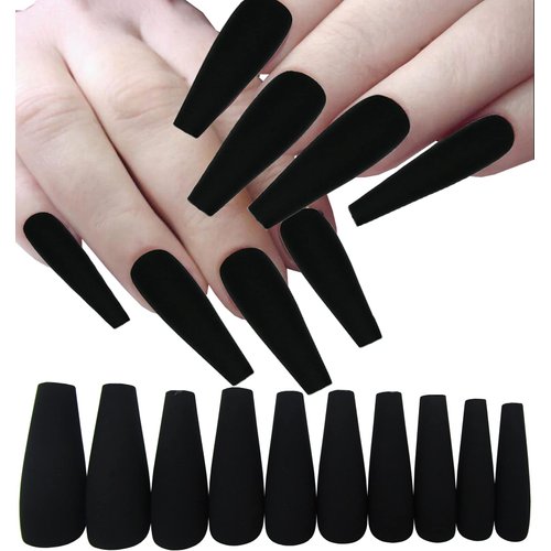 100pc Matte Coffin Press on Nails Long Colored Ballerina Shape Artificial False Nails False Nails Press ons Artificial Women Girls Manicure Fingernail DIY Decor Acrylic Tips 10 Sizes with Case (Black)