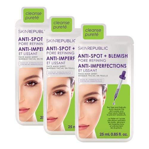 Skin Republic Face Mask Sheets 3 Pack, Korean Skincare Formulated for all Skin Types. (Spots and Blemish Mask)