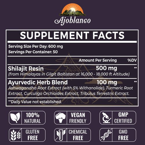 Ajoblanco 600mg Shilajit Pure Himalayan Organic Shilajit Resin - Himalayan Shilajit Resin with Organic Ayurvedic Blend in High Potency for Energy, Strength & Immunity, Pack of 2