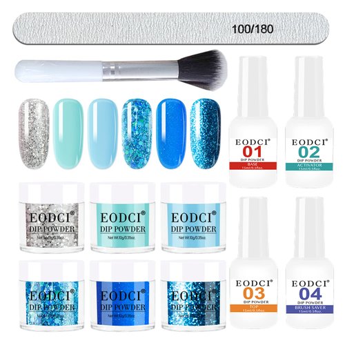 Eodci 12 Pcs Dip Powder Nail Kit Starter, 6 Colors Glitter Blue Snow Dipping Powder Kit With Base & Top Coat/Activator/Brush Saver, Nail Art Manicure Salon DIY for Daily at Home Party Gifts for Women