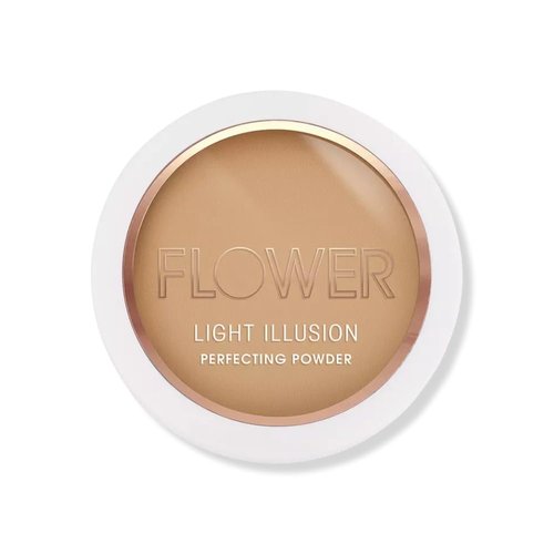 FLOWER Beauty Light Illusion Perfecting Powder - Powder Foundation + Setting Powder for Makeup - Medium Buildable Coverage - Natural Glow + Flawless Finish - Mirror + Sponge Included (Sable)