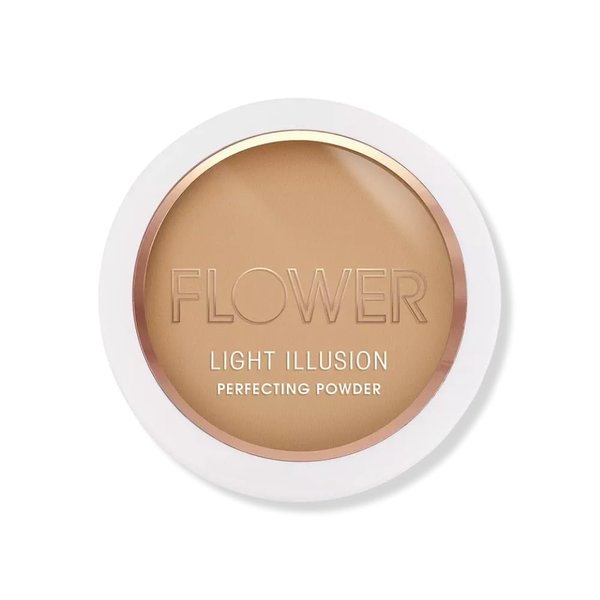 FLOWER Beauty Light Illusion Perfecting Powder - Powder Foundation + Setting Powder for Makeup - Medium Buildable Coverage - Natural Glow + Flawless Finish - Mirror + Sponge Included (Sable)