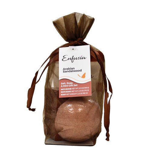 Enfusia Arabian Sandalwood Handmade Bath Bomb, Spa Soak, and Soap Bar Gift Set for Women - Experience Fragrant Bath Bombs in Beautiful Organza Bag