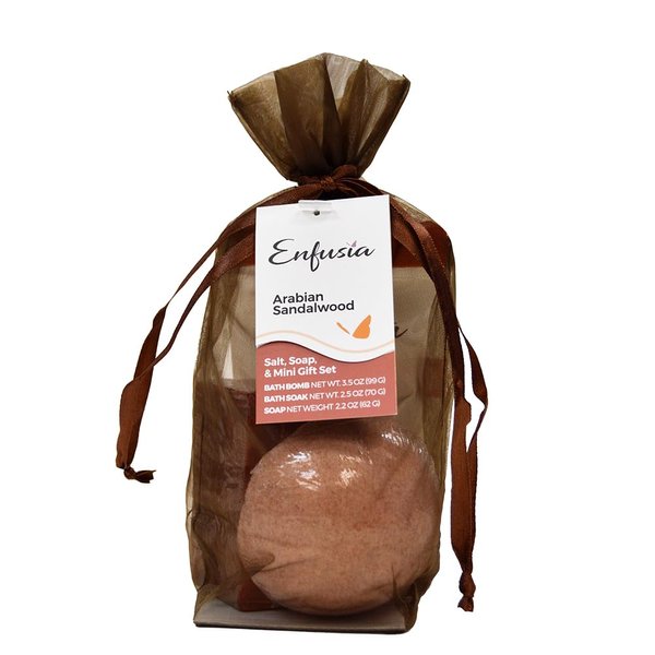 Enfusia Arabian Sandalwood Handmade Bath Bomb, Spa Soak, and Soap Bar Gift Set for Women - Experience Fragrant Bath Bombs in Beautiful Organza Bag