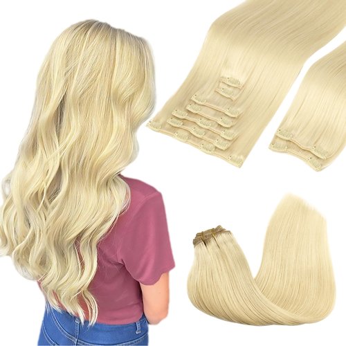 GOO GOO Clip in Hair Extensions Real Human Hair, 18inch 150g 9Pcs, 613R Bleach Blonde, Remy Human Hair Extensions Clip ins for Women, Natural Human Hair