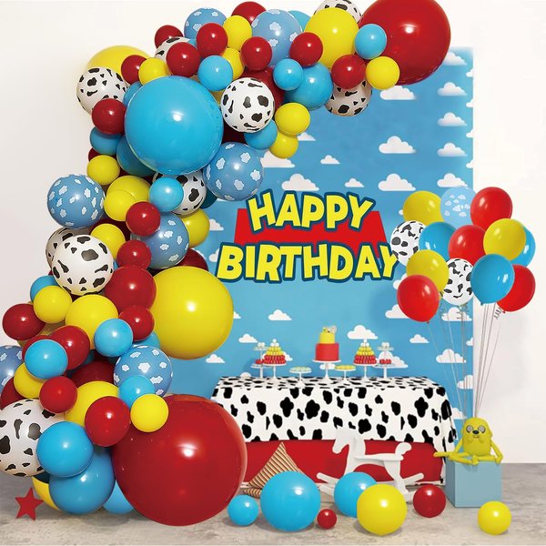Toy Story Balloons Garland Kit Toy Story Balloon Arch Red Blue Yellow Cow Cloud Pattern Latex Balloons for Kids Toy Inspired Story Theme Party Supplies