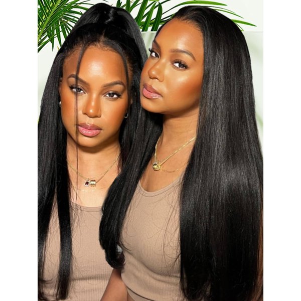 Sunber Yaki Straight Human Hair Glueless Wig Pre Everything 13x4 Lace Frontal Pre Cut Lace Pre Bleached Invisible Knots 180% Density Put on Go Bye Bye Knots No Glue 24Inch Yaki Straight Human Hair Wig