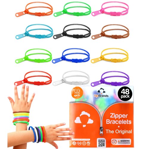 UpBrands 48 Prizes for Kids Zipper Bracelets 7 ½”, Fidget Party Favors for Kids, Sensory Toys Bulk Set, Neon Colors, Birthday Kit, Easter Egg, Treat Bags & Pinata Fillers