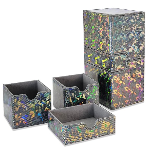 Dmoicols Card Deck Box for 200+ Sleeved Cards, Laser Leather Trading Card Storage Case with 1 Dice Tray & 2 Card Trays Commander Deck Box fit YuGiOh/TCG/MTG/Magic/CCG(3 Drawers Sparkly Black Piece)