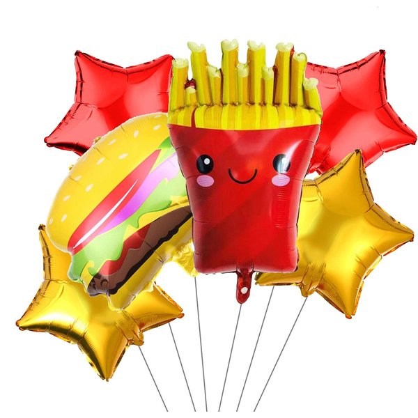 6Pcs French Fries Balloons Hamburg Balloons Food Birthday Foil Balloons for Birthday Fast Food Snacks Themed Party Decorations Supplies
