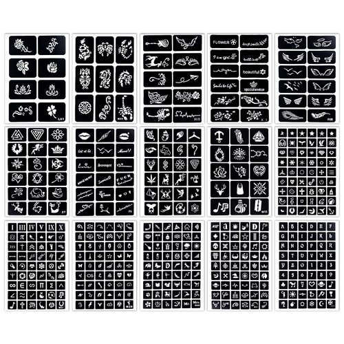 MCPINKY 450PCS Temporary Tattoo Stencils, 15 Sheets Henna Tattoo Stencil Kit for Women Girls Glitter Semi Permanent Tattoo Body Art DIY