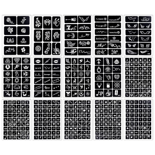 MCPINKY 450PCS Temporary Tattoo Stencils, 15 Sheets Henna Tattoo Stencil Kit for Women Girls Glitter Semi Permanent Tattoo Body Art DIY