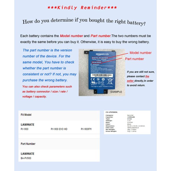 Replacement Battery for Lawmate PV-900, PV-900 EVO HD Part NO BA-PV900