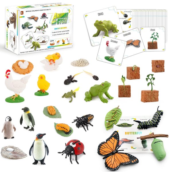 Mostop Life Cycle Learning Toys for Kids, Life Science Educational Kit with Frog, Butterfly, Penguin, Chicken, Ladybug, Plants, 25 Pcs Plastic Animal Figurines Montessori Toys for Boys Girls Age 3+