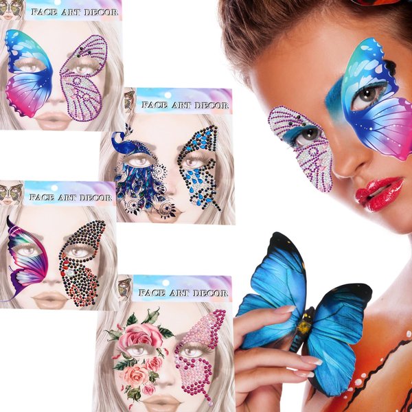 Halloween Face Jewels Tattoos Butterfly Flower Peacock Temporary Tattoos Face Rhinestone Gems Stickers, Day of the Dead Half Tattoo Half Gems Crystals Stickers for Halloween Carnival Party 4 PCS