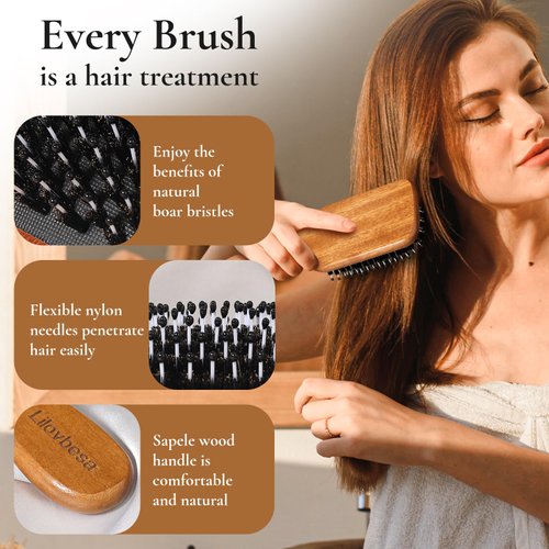 Lilovbesa Hair Brush,Boar Bristle Hair Brushes and Wooden Comb Set for Women and Men Normal Curly Thick hair,No Pulling,Improves Texture,Smooth Hair