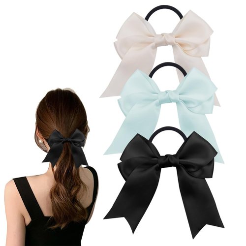 Satin Bow Hair Ties Elastic Bowknot Scrunchies Cute Hair Bands for Women Girls Ponytail Holder Hair Ties for Thick Thin Hair Halloween Party Accessories for Women Girls Ribbon Hair Ties for Women 3PCS