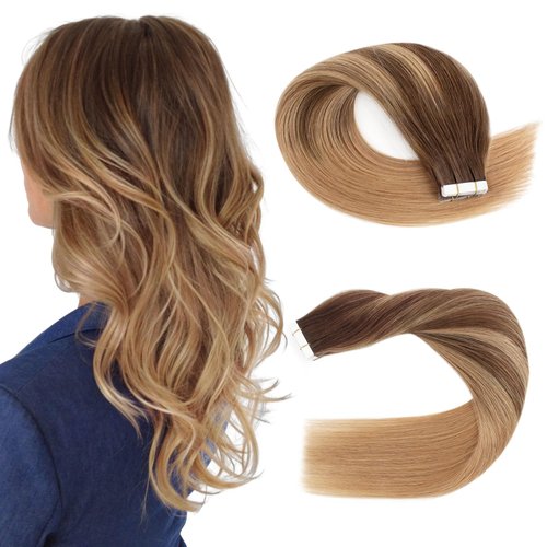 Sassina Tape in Human Hair Extensions Balayage Chocolate Brown to Strawberry Blonde Natural Straight Seamless Remy Human Hair Tape in Extensions 18 Inch 50gram 20pcs/Set #B4-27